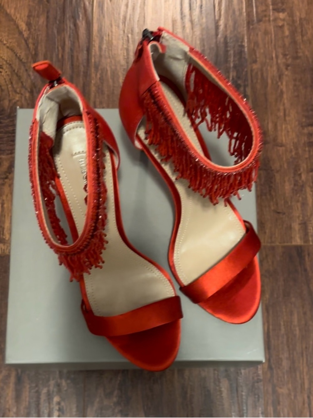 BCBGMaxAzria Red Fringed Satin Ankle-Strap Sandals